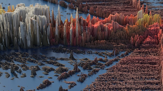 3d render abstract background with complex structure made of array of vertical geometry. data visualization concept.