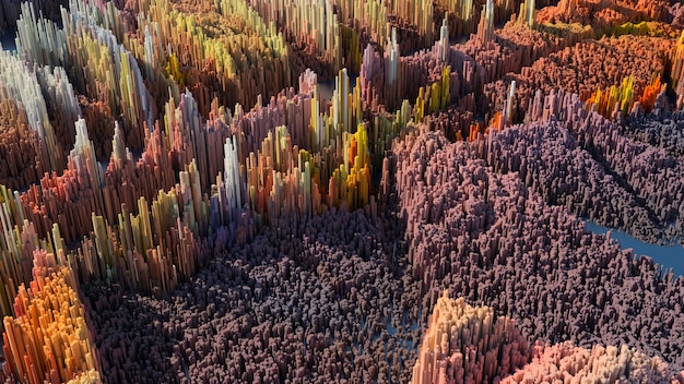 3d render abstract background with complex structure made of array of vertical geometry. data visualization concept.