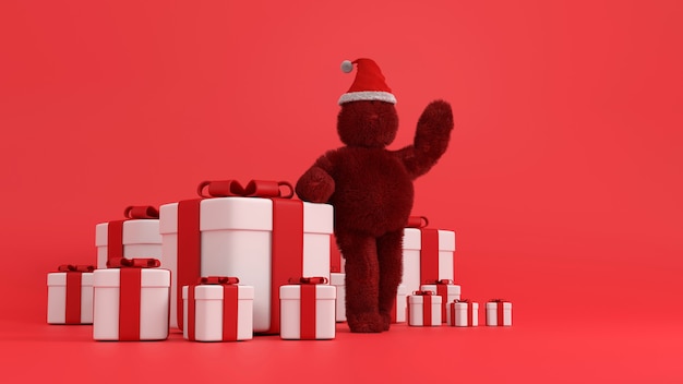 3d render, Christmas illustration with white furry red beast cartoon in Santa Claus hat and the big gift box.