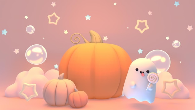 3d render cute ghost and halloween pumpkins
