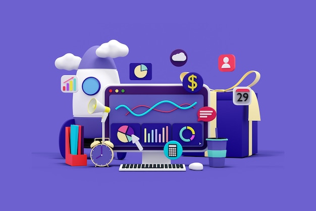 3d render data analysis concept with desktop computer background illustration