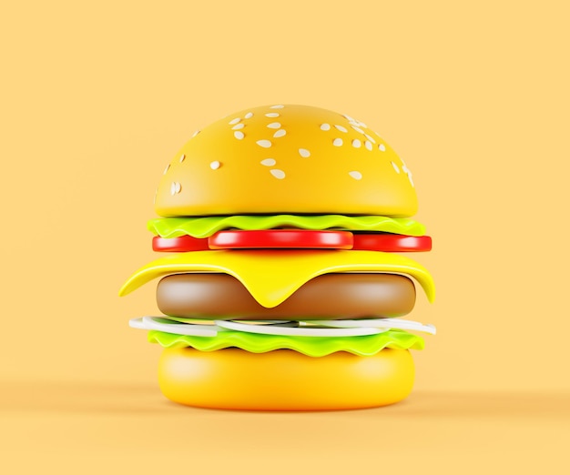 3d render icon burger or hamburger Fast food menu meal beef cheeseburger with bread sesame meat cheese tomato salad onion isolated on background Cartoon design mockup banner 3D illustration