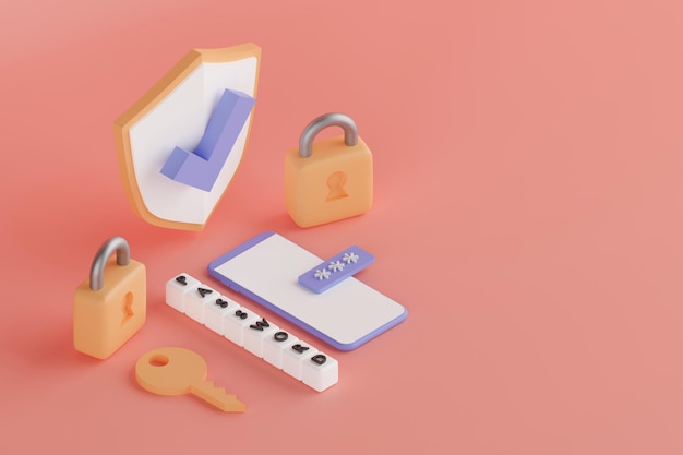 3d render isometric view of security and privacy system application on smartphone
