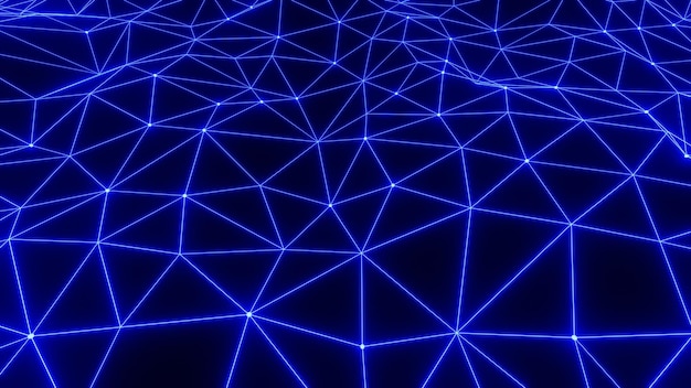 3d render low poly blue wireframe triangle on black background, hosting, internet, web servers, data