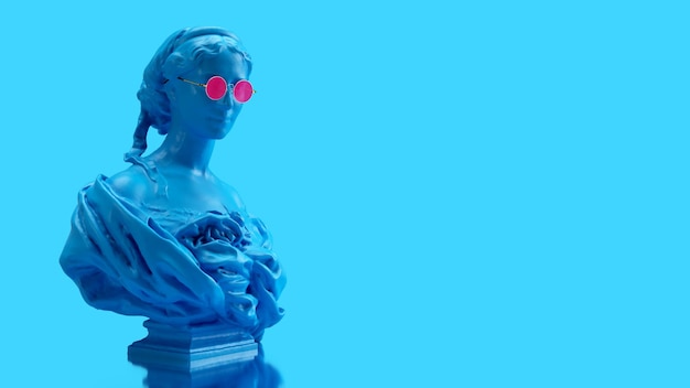 3d render sculpture of a woman on the left side wearing pink glasses