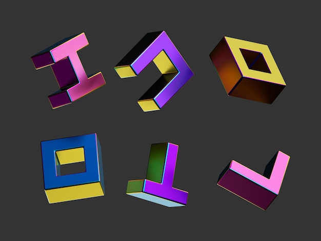 3d render simple iridescent geometric shapes abstract cubic objects