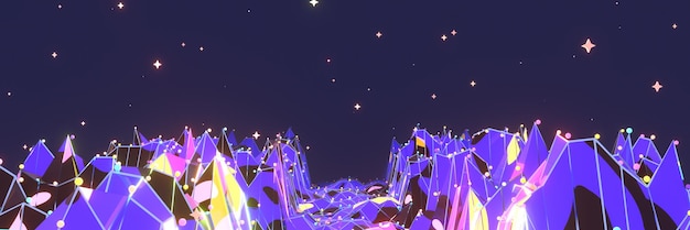 3d rendered abstract neon wireframe mountains.