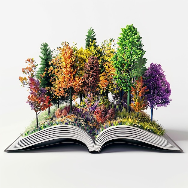 3d rendered an open book with a colorful forest landscape emerging from the pages