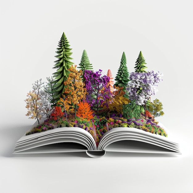 3d rendered an open book with a colorful forest landscape emerging from the pages