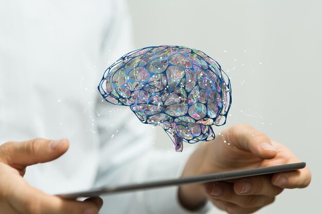 3D rendered Artificial Intelligence held in a persons hand