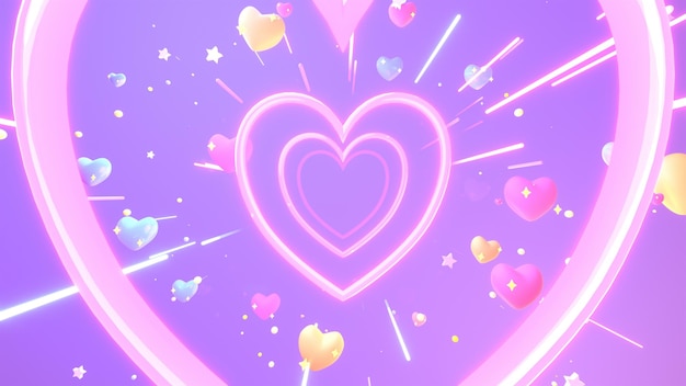 3d rendered neon heart tunnel with glowing stars and light streaks.