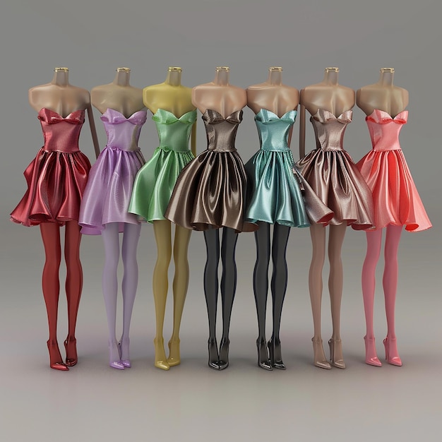 3d rendered photo of different dresses are displayed in a row