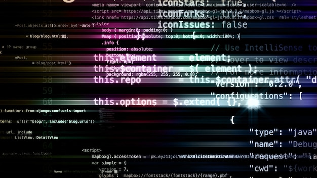 3D rendering abstract blocks of code that are in the virtual space. Camera inside the computer code