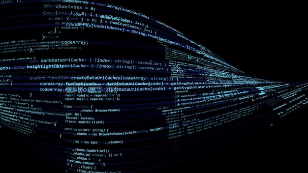 3D rendering abstract code in the virtual space. The computer code is bent in the form of a tape