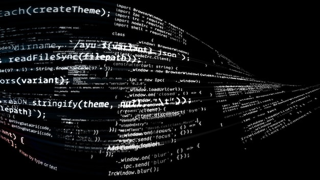 3d rendering abstract code in the virtual space. the computer code is bent in the form of a tape