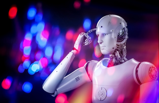 3d rendering ai robot think or compute with shining light