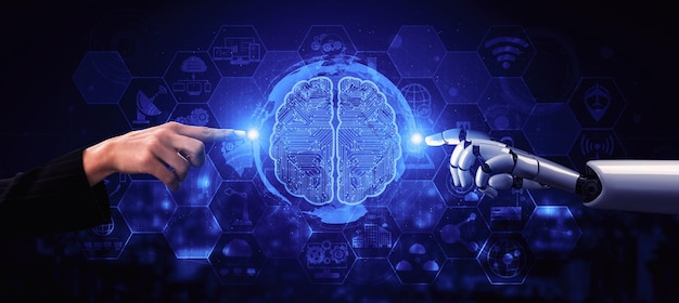3d rendering artificial intelligence ai research of robot and cyborg development for future of people living digital data mining and machine learning technology design for computer brain