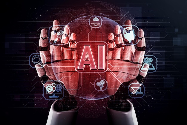 3D rendering artificial intelligence AI research of robot and cyborg development for future of people living Digital data mining and machine learning technology design for computer brain