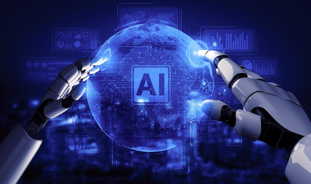 3D rendering artificial intelligence AI research of robot and cyborg development for future of people living Digital data mining and machine learning technology design for computer brain