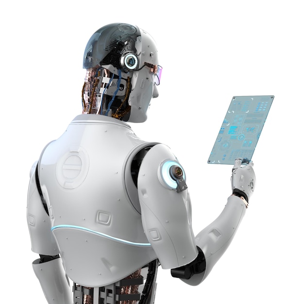 3d rendering artificial intelligence robot or assistant robot with digital tablet isolated on white