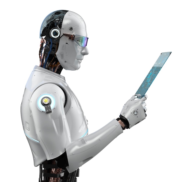 3d rendering artificial intelligence robot or assistant robot with digital tablet isolated on white