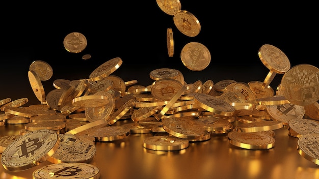 3d rendering bitcoin currency, crypto currency, falling on a pile