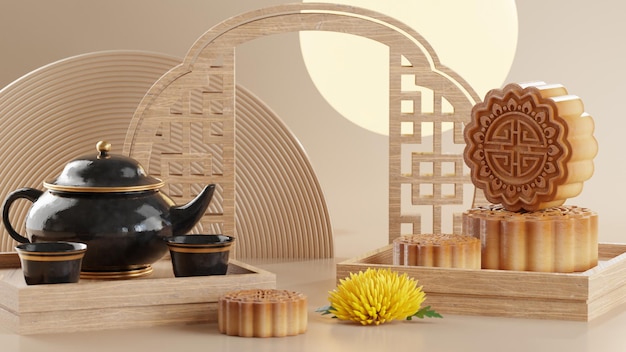 3D rendering for mid autumn festival holiday or chinese new year chinese festivals withlanterns flower moon rabbit mooncaketea pot and asian elements on background