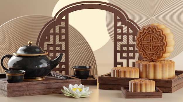 3D rendering for mid autumn festival holiday or chinese new year chinese festivals withlanterns flower moon rabbit mooncaketea pot and asian elements on background