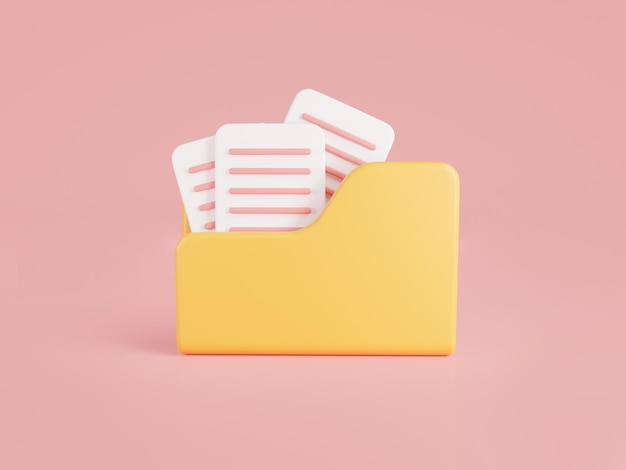 3d rendering illustration of three paper document in yellow folder icon isolated on pink background data storage computer folder folder with files paper iconfile management concept