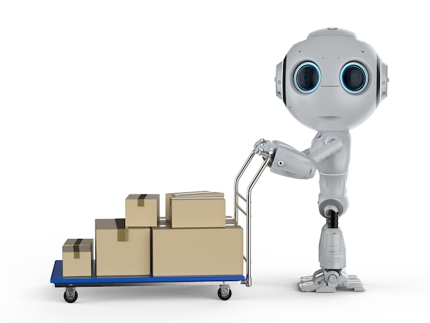 3d rendering mini delivery robot with cardboard boxes on trolley