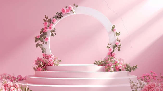 3d rendering of a floral podium with a rose arch for product display presentation on a pink background flower decoration with rose flowers and leaves around the steps soft pastel colors front view
