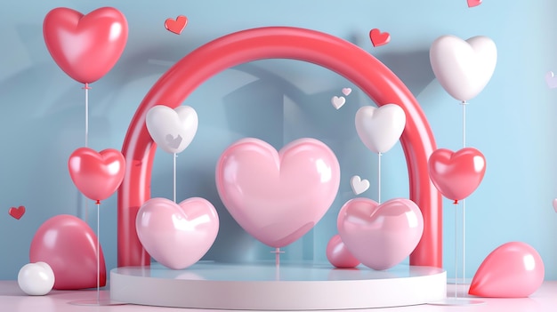 3D rendering of a pink and white heartshaped balloons The balloons are arranged in a circle