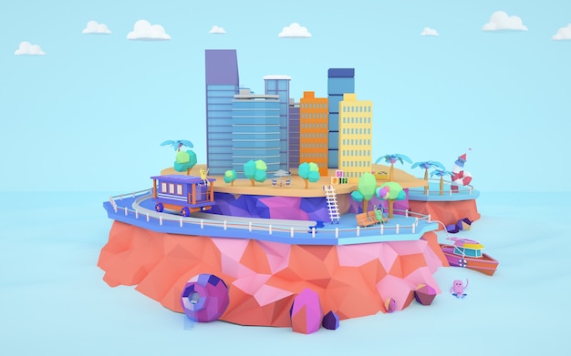 3D Rendering of isometric city buildings on the island
