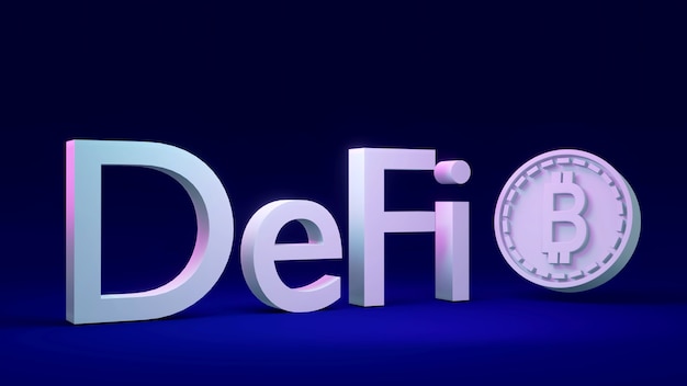 3D rendering of text Defi with coin as referring to blockchain on background decentralized concept