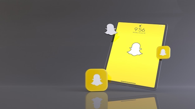 3d rendering of two snapchat quad badges and logo in front of a tablet displaying the snapchat app logo.