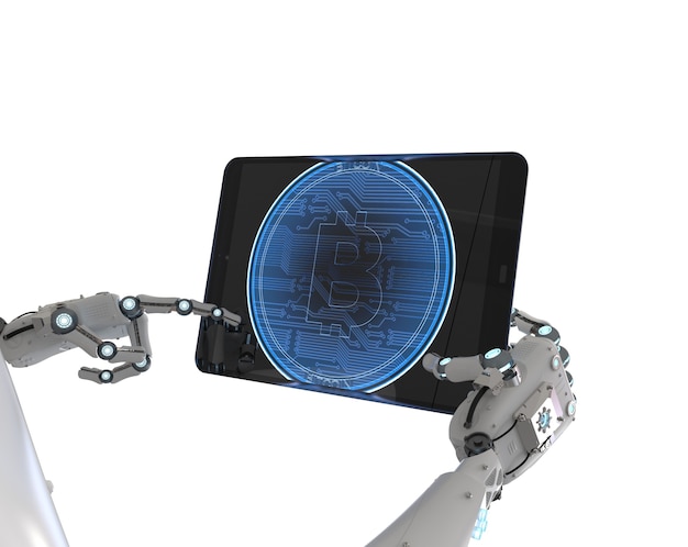 3d rendering robot working with bitcoin in tablet