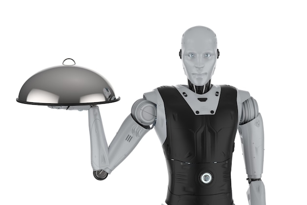 3d rendering robotic assistant or waiter robot hold metallic tray