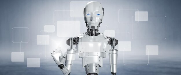 3d rendering robots touch button empty on the graph screen icon of media screen technology process system business with communication concept business technology social media