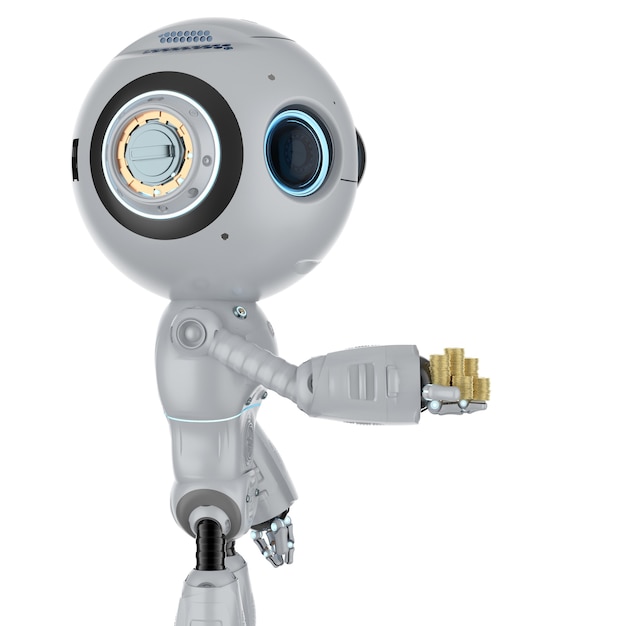 3D rendering roztomilý robot s umělou inteligencí se zlatými mincemi
