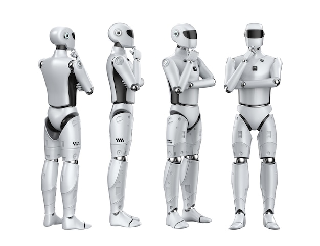 3d rendering set of artificial intelligence cyborgs or robots think isolated on white
