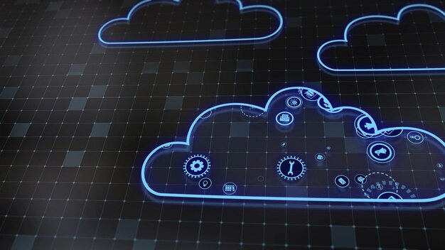 3D renderování konceptu cloudových technologií a zpracování dat serveru