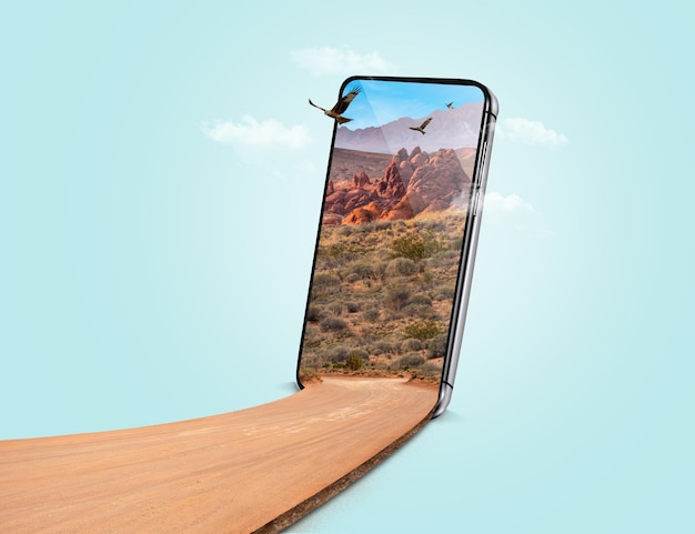 3d sand road coming out of phone with desert background mountains clouds desert sand road