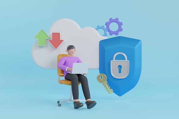 3d security shield lock check mark and cloud. security data protection. laptop and symbol cloud