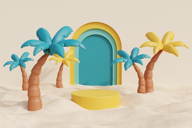 3d summer tropical sand beach on a sunny day with smartphone coconut trees and summer elements 3d rendering