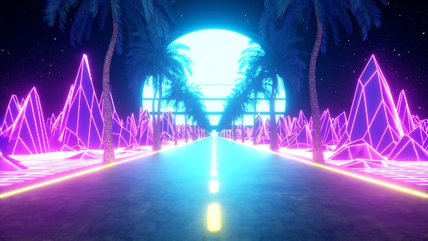 80s retro futuristic sci-fi. Retrowave VJ videogame landscape, neon lights. Stylized vintage vaporwave