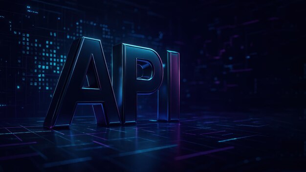 A 3d api text in bold metallic letters set surrounded by a glowing grid and abstract patterns application programming interface api api programming