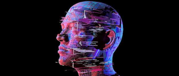 A 3D human head with a digital glitch effect illustrating the disorienting impact of