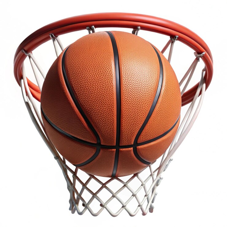 Fotografie a basketball is in a basket with a net that says basketball on it