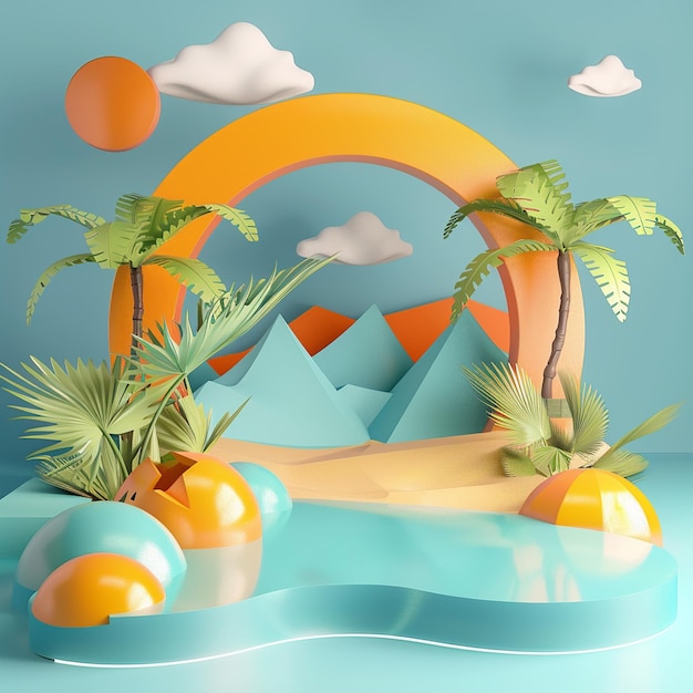 a beach scene with palm trees and a beach scene
