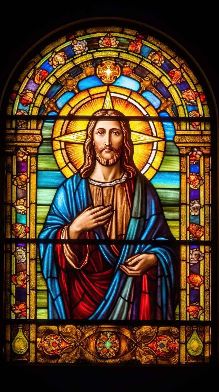 A beautiful stained glass window of Jesus Christ Vibrant colors Modern design AI generated image